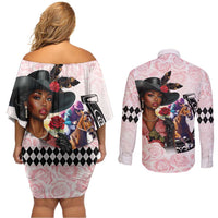 Kentucky Horse Racing Couples Matching Off Shoulder Short Dress and Long Sleeve Button Shirt Black Derby Lady Pink Roses