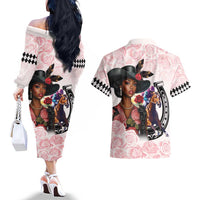 Kentucky Horse Racing Couples Matching Off The Shoulder Long Sleeve Dress and Hawaiian Shirt Black Derby Lady Pink Roses