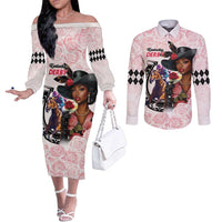 Kentucky Horse Racing Couples Matching Off The Shoulder Long Sleeve Dress and Long Sleeve Button Shirt Black Derby Lady Pink Roses