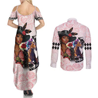Kentucky Horse Racing Couples Matching Summer Maxi Dress and Long Sleeve Button Shirt Black Derby Lady Pink Roses