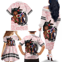 Kentucky Horse Racing Family Matching Off The Shoulder Long Sleeve Dress and Hawaiian Shirt Black Derby Lady Pink Roses