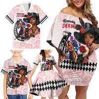 Kentucky Horse Racing Family Matching Off Shoulder Short Dress and Hawaiian Shirt Black Derby Lady Pink Roses