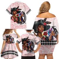 Kentucky Horse Racing Family Matching Off Shoulder Short Dress and Hawaiian Shirt Black Derby Lady Pink Roses