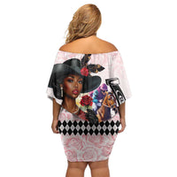 Kentucky Horse Racing Family Matching Off Shoulder Short Dress and Hawaiian Shirt Black Derby Lady Pink Roses