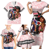 Kentucky Horse Racing Family Matching Short Sleeve Bodycon Dress and Hawaiian Shirt Black Derby Lady Pink Roses