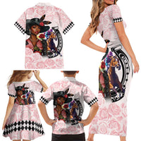 Kentucky Horse Racing Family Matching Short Sleeve Bodycon Dress and Hawaiian Shirt Black Derby Lady Pink Roses