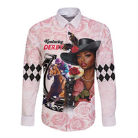 Kentucky Horse Racing Long Sleeve Button Shirt Black Derby Lady Pink Roses