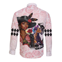 Kentucky Horse Racing Long Sleeve Button Shirt Black Derby Lady Pink Roses