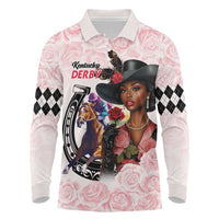 Kentucky Horse Racing Long Sleeve Polo Shirt Black Derby Lady Pink Roses