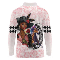 Kentucky Horse Racing Long Sleeve Polo Shirt Black Derby Lady Pink Roses