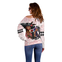 Kentucky Horse Racing Off Shoulder Sweater Black Derby Lady Pink Roses