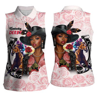 Kentucky Horse Racing Women Sleeveless Polo Shirt Black Derby Lady Pink Roses