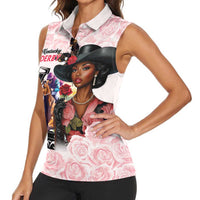 Kentucky Horse Racing Women Sleeveless Polo Shirt Black Derby Lady Pink Roses