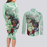 Kentucky Horse Racing Couples Matching Long Sleeve Bodycon Dress and Long Sleeve Button Shirt Churchill Downs Derby Mint Julep Cocktail