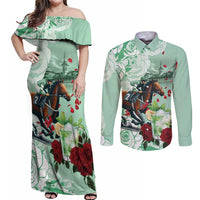 Kentucky Horse Racing Couples Matching Off Shoulder Maxi Dress and Long Sleeve Button Shirt Churchill Downs Derby Mint Julep Cocktail