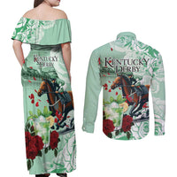Kentucky Horse Racing Couples Matching Off Shoulder Maxi Dress and Long Sleeve Button Shirt Churchill Downs Derby Mint Julep Cocktail