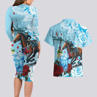Kentucky Horse Racing Couples Matching Long Sleeve Bodycon Dress and Hawaiian Shirt Churchill Downs Derby Blueberry Mint Julep Cocktail