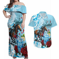 Kentucky Horse Racing Couples Matching Off Shoulder Maxi Dress and Hawaiian Shirt Churchill Downs Derby Blueberry Mint Julep Cocktail
