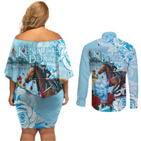 Kentucky Horse Racing Couples Matching Off Shoulder Short Dress and Long Sleeve Button Shirt Churchill Downs Derby Blueberry Mint Julep Cocktail