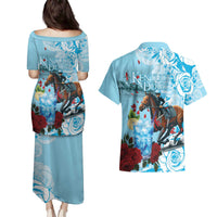 Kentucky Horse Racing Couples Matching Puletasi and Hawaiian Shirt Churchill Downs Derby Blueberry Mint Julep Cocktail