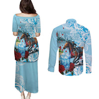 Kentucky Horse Racing Couples Matching Puletasi and Long Sleeve Button Shirt Churchill Downs Derby Blueberry Mint Julep Cocktail