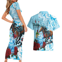 Kentucky Horse Racing Couples Matching Short Sleeve Bodycon Dress and Hawaiian Shirt Churchill Downs Derby Blueberry Mint Julep Cocktail