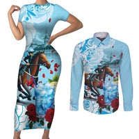 Kentucky Horse Racing Couples Matching Short Sleeve Bodycon Dress and Long Sleeve Button Shirt Churchill Downs Derby Blueberry Mint Julep Cocktail