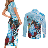 Kentucky Horse Racing Couples Matching Short Sleeve Bodycon Dress and Long Sleeve Button Shirt Churchill Downs Derby Blueberry Mint Julep Cocktail