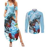 Kentucky Horse Racing Couples Matching Summer Maxi Dress and Long Sleeve Button Shirt Churchill Downs Derby Blueberry Mint Julep Cocktail