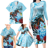 Kentucky Horse Racing Family Matching Long Sleeve Bodycon Dress and Hawaiian Shirt Churchill Downs Derby Blueberry Mint Julep Cocktail