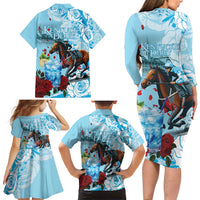 Kentucky Horse Racing Family Matching Long Sleeve Bodycon Dress and Hawaiian Shirt Churchill Downs Derby Blueberry Mint Julep Cocktail