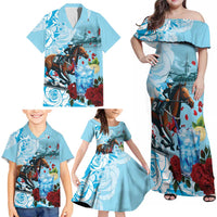 Kentucky Horse Racing Family Matching Off Shoulder Maxi Dress and Hawaiian Shirt Churchill Downs Derby Blueberry Mint Julep Cocktail