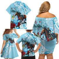 Kentucky Horse Racing Family Matching Off Shoulder Short Dress and Hawaiian Shirt Churchill Downs Derby Blueberry Mint Julep Cocktail
