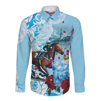 Kentucky Horse Racing Long Sleeve Button Shirt Churchill Downs Derby Blueberry Mint Julep Cocktail