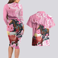Kentucky Horse Racing Couples Matching Long Sleeve Bodycon Dress and Hawaiian Shirt Churchill Downs Derby Strawberry Mint Julep Cocktail