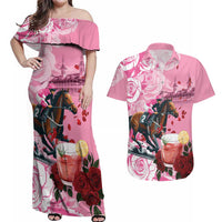 Kentucky Horse Racing Couples Matching Off Shoulder Maxi Dress and Hawaiian Shirt Churchill Downs Derby Strawberry Mint Julep Cocktail