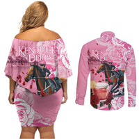 Kentucky Horse Racing Couples Matching Off Shoulder Short Dress and Long Sleeve Button Shirt Churchill Downs Derby Strawberry Mint Julep Cocktail