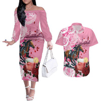 Kentucky Horse Racing Couples Matching Off The Shoulder Long Sleeve Dress and Hawaiian Shirt Churchill Downs Derby Strawberry Mint Julep Cocktail