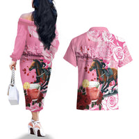 Kentucky Horse Racing Couples Matching Off The Shoulder Long Sleeve Dress and Hawaiian Shirt Churchill Downs Derby Strawberry Mint Julep Cocktail
