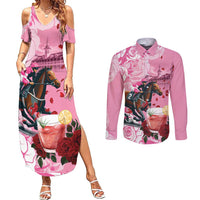 Kentucky Horse Racing Couples Matching Summer Maxi Dress and Long Sleeve Button Shirt Churchill Downs Derby Strawberry Mint Julep Cocktail