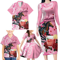 Kentucky Horse Racing Family Matching Long Sleeve Bodycon Dress and Hawaiian Shirt Churchill Downs Derby Strawberry Mint Julep Cocktail