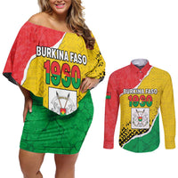 Personalized Burkina Faso Independence Day Couples Matching Off Shoulder Short Dress and Long Sleeve Button Shirt Coat Of Arms - Grunge Style - Wonder Print Shop