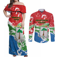 Personalized Equatorial Guinea Independence Day Couples Matching Off Shoulder Maxi Dress and Long Sleeve Button Shirt Coat Of Arms With Map - Wonder Print Shop
