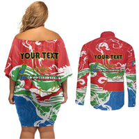 Personalized Equatorial Guinea Independence Day Couples Matching Off Shoulder Short Dress and Long Sleeve Button Shirt Coat Of Arms With Map - Wonder Print Shop