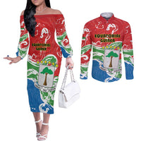 Personalized Equatorial Guinea Independence Day Couples Matching Off The Shoulder Long Sleeve Dress and Long Sleeve Button Shirt Coat Of Arms With Map - Wonder Print Shop