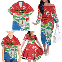 Personalized Equatorial Guinea Independence Day Family Matching Off The Shoulder Long Sleeve Dress and Hawaiian Shirt Coat Of Arms With Map - Wonder Print Shop