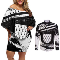 Personalized Brittany Couples Matching Off Shoulder Short Dress and Long Sleeve Button Shirt Coat Of Arms With Triskelion - Grunge Style - Wonder Print Shop