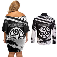 Personalized Brittany Couples Matching Off Shoulder Short Dress and Long Sleeve Button Shirt Coat Of Arms With Triskelion - Grunge Style - Wonder Print Shop