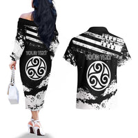 Personalized Brittany Couples Matching Off The Shoulder Long Sleeve Dress and Hawaiian Shirt Coat Of Arms With Triskelion - Grunge Style - Wonder Print Shop