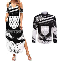 Personalized Brittany Couples Matching Summer Maxi Dress and Long Sleeve Button Shirt Coat Of Arms With Triskelion - Grunge Style - Wonder Print Shop